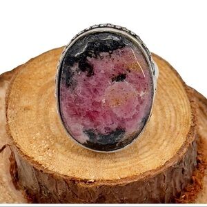 Boho Statement Ring 925 Silver Plated Pink Rhodonite Natural Gemstone | Size 7.5